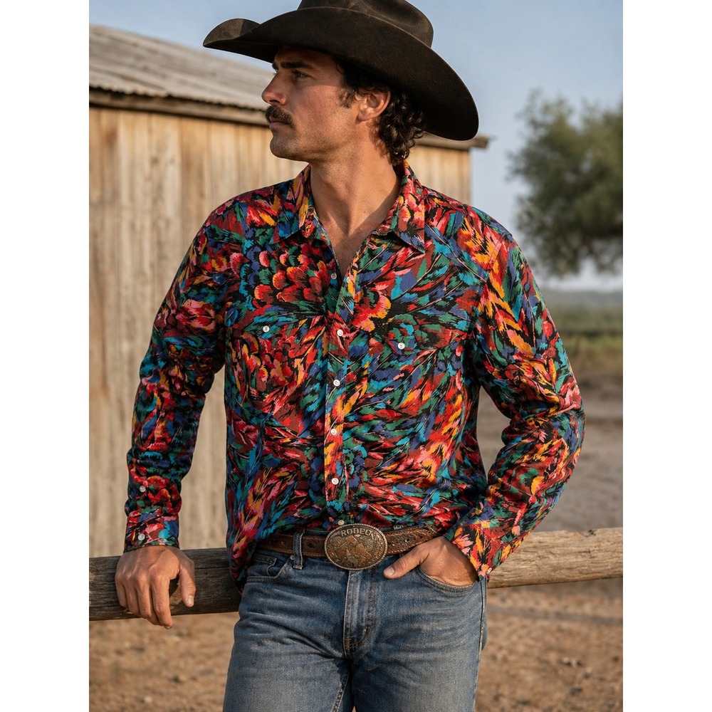 VTG Wrangler Cowboy Cut Western Shirt Mens 17.5 35 Abstract Floral Multicolor XL